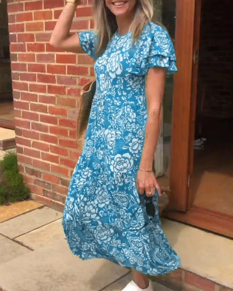 Van Delft Mode® | Long dress with short sleeves and floral print