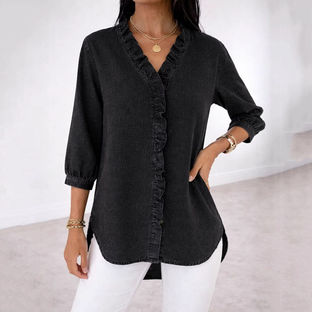 Van Delft Mode® | Casual damesblouse met ruches en V-hals