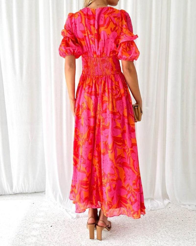 Van Delft Mode® | Elegante V-hals Maxi jurk met pofmouwen