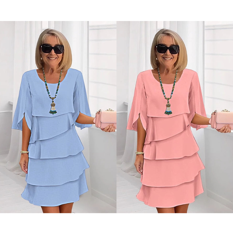 Van Delft Mode® | Elegante gelaagde jurk met ruchesmouwen voor dames