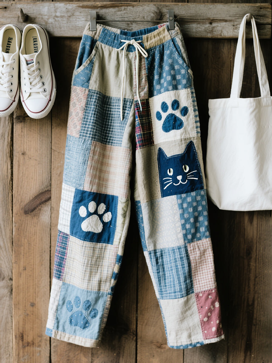 Vrouwenlinnen broek met patchworkpatroon en kattenprint