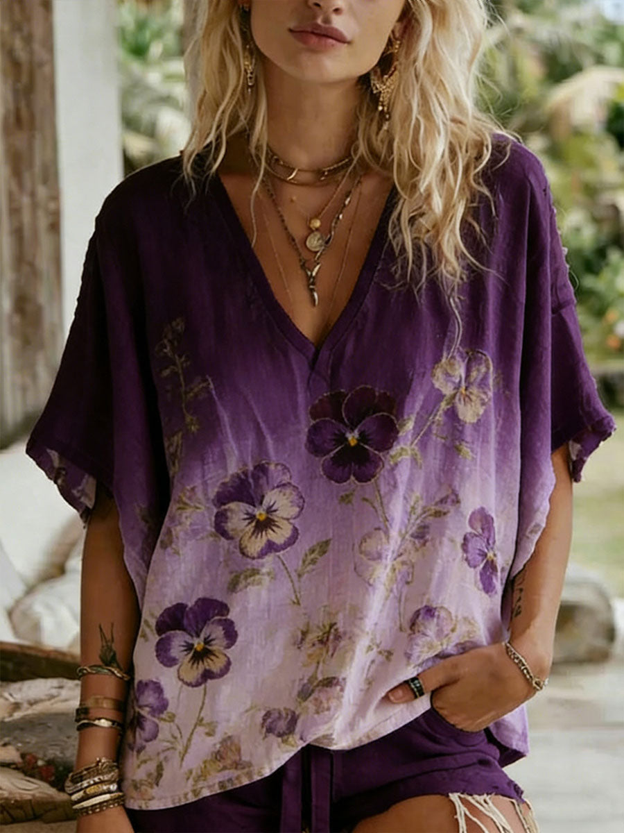 Casual T-shirt voor dames met artistieke bloemenprint