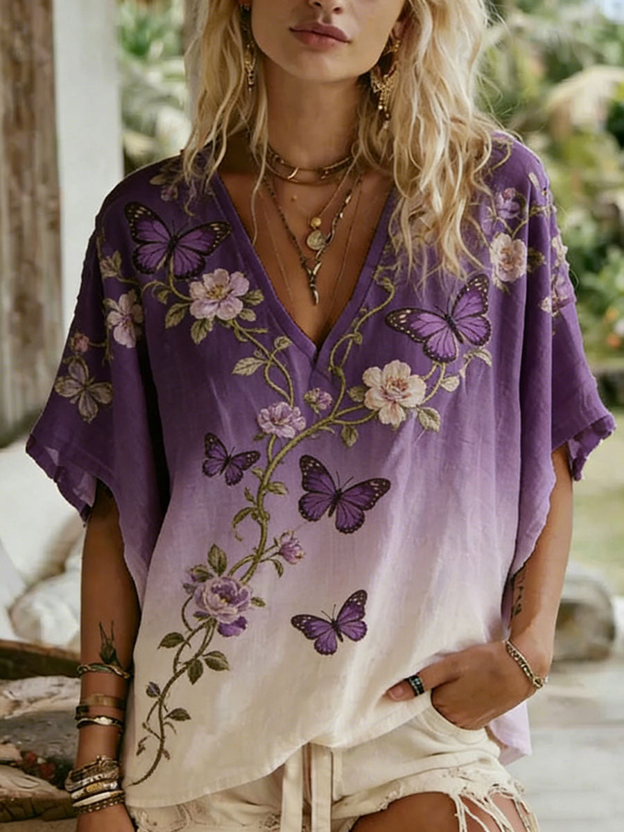 Casual T-shirt voor vrouwen met artistieke bloemafdruk