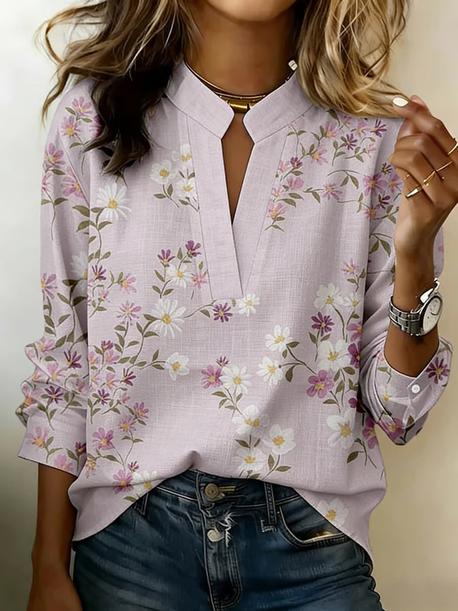 Damesblouse van linnenmix met bloemenpatroon en V-hals
