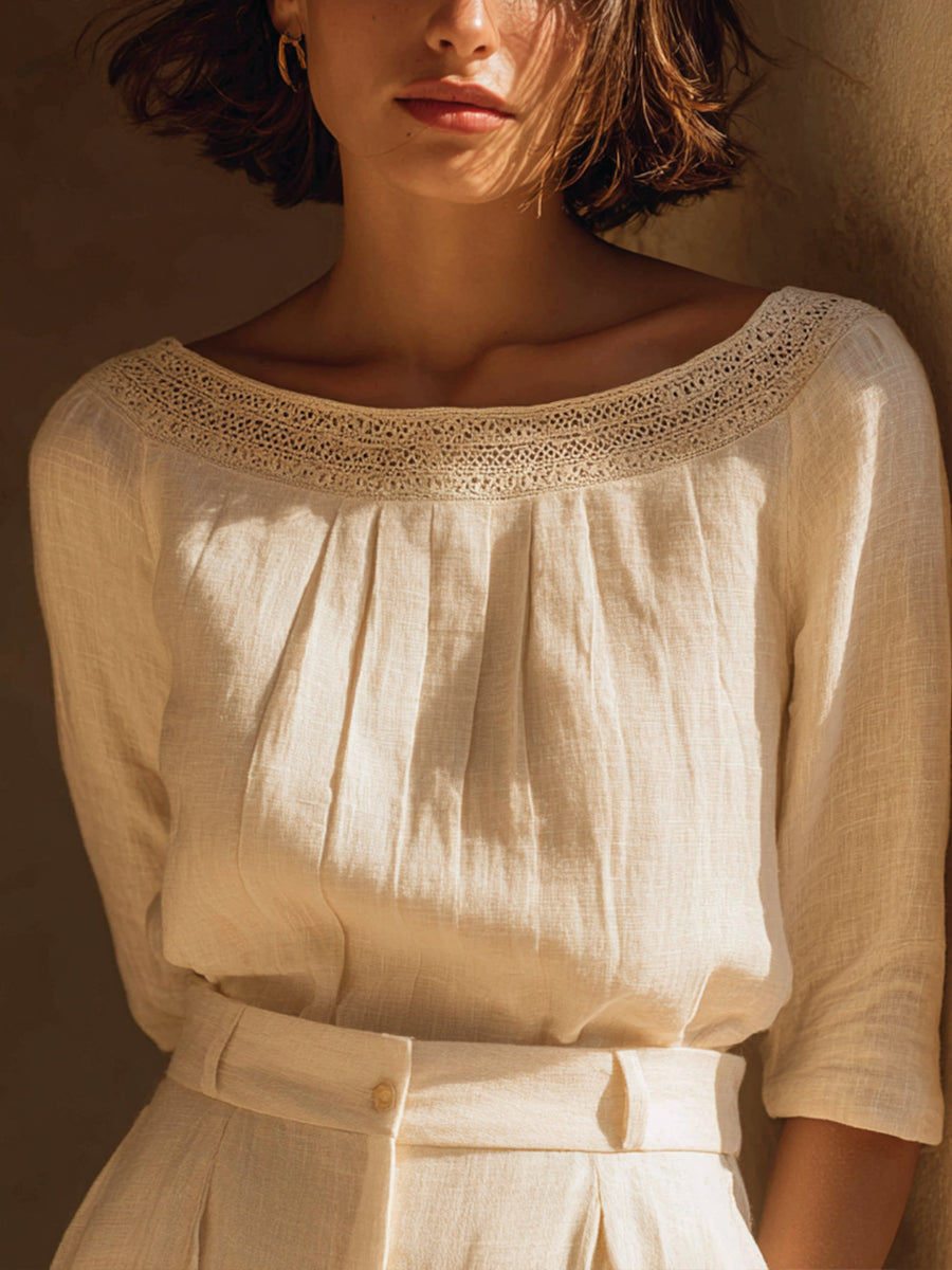 Elegante linnen blouse met kantinzetten voor dames