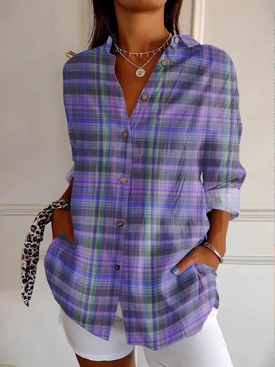 Katoenen linnen blouse met lange mouwen in ruitpatroon voor vrouwen - Alzheimer Awareness Paars
