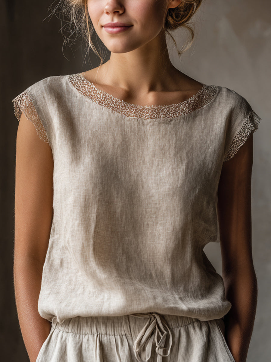 Elegante patchwork linnen blouse voor vrouwen