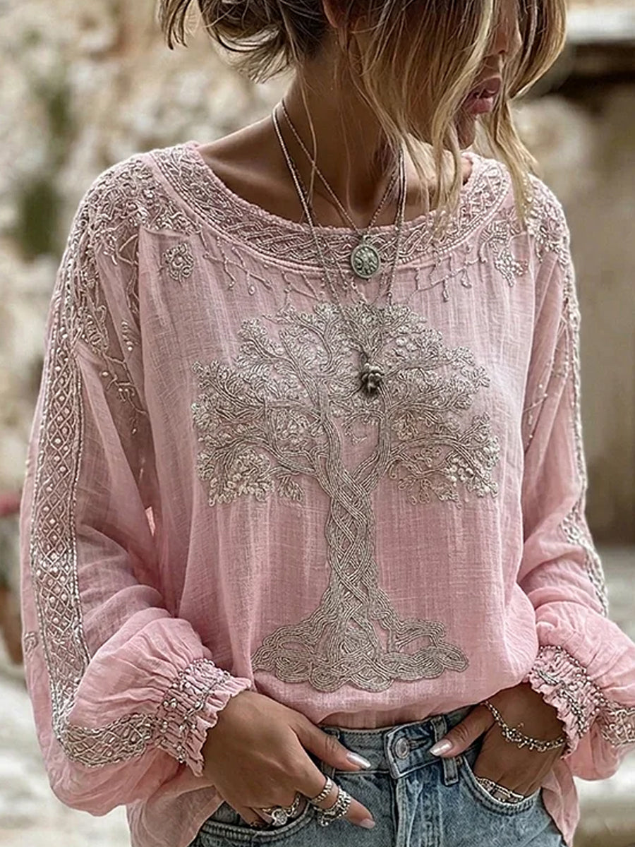 Casual katoen-linnen top voor dames, vintage bloemenprint