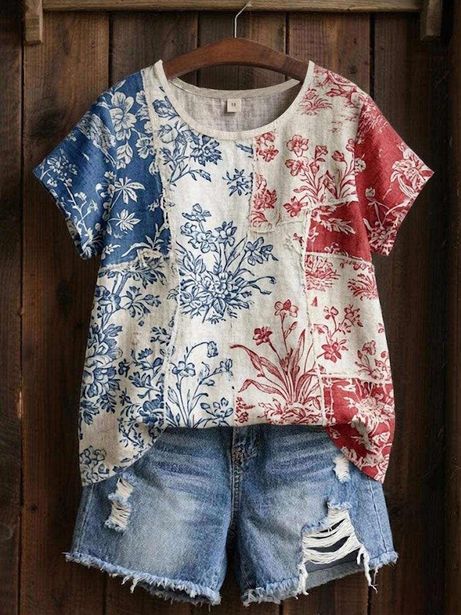 Vrouwen T-shirt met bloemenpatchworkprint