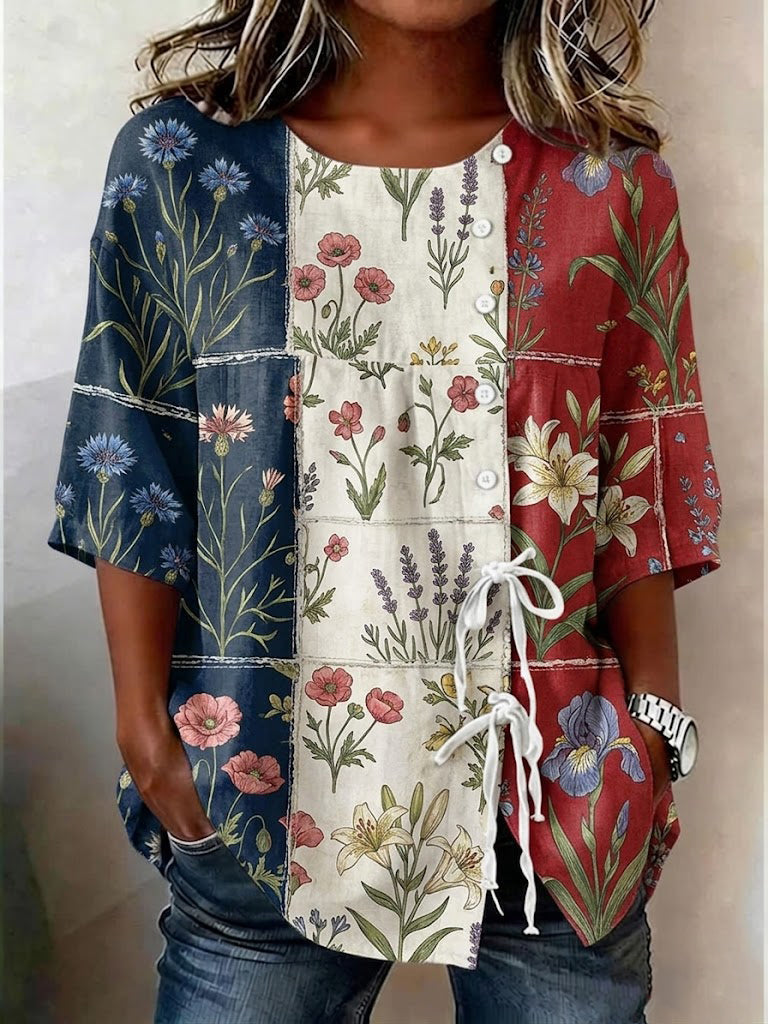 Dames Bloemenprint Patchwork Katoen-Linnen Top Met Voor Knopen En Strikken