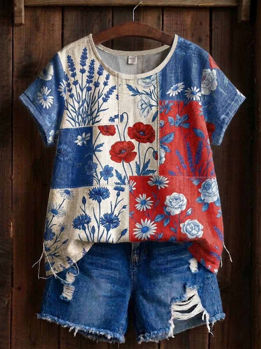 Bloemen patchwork T-shirt voor vrouwen