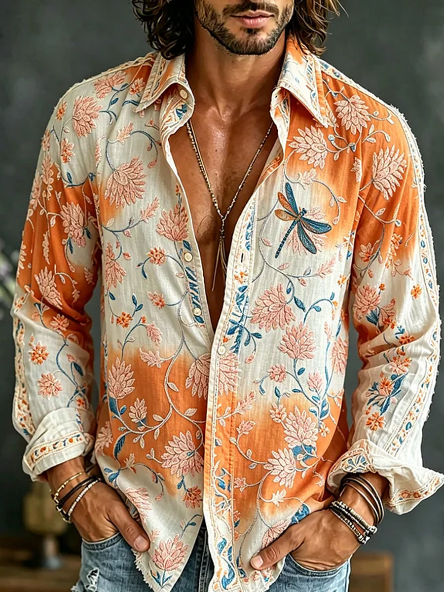 Casual katoenen linnen shirt met retro stijl geborduurde kunstafdruk