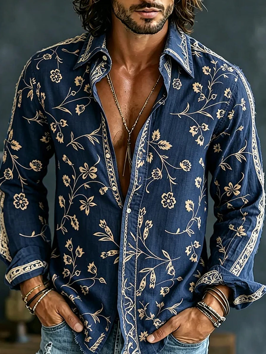 Casual overhemd van katoen-linnen met retro stijl artistieke geborduurde print