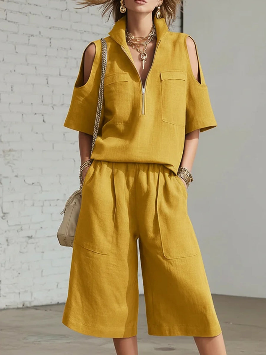 Korte broek met wijde benen voor dames Top met blote schouders Twee-delige set