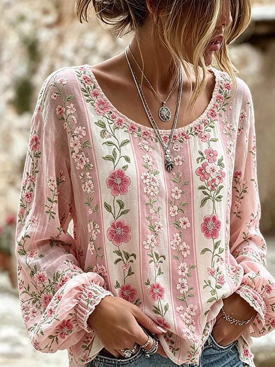 Casual katoen-linnen top voor dames, vintage bloemenprint