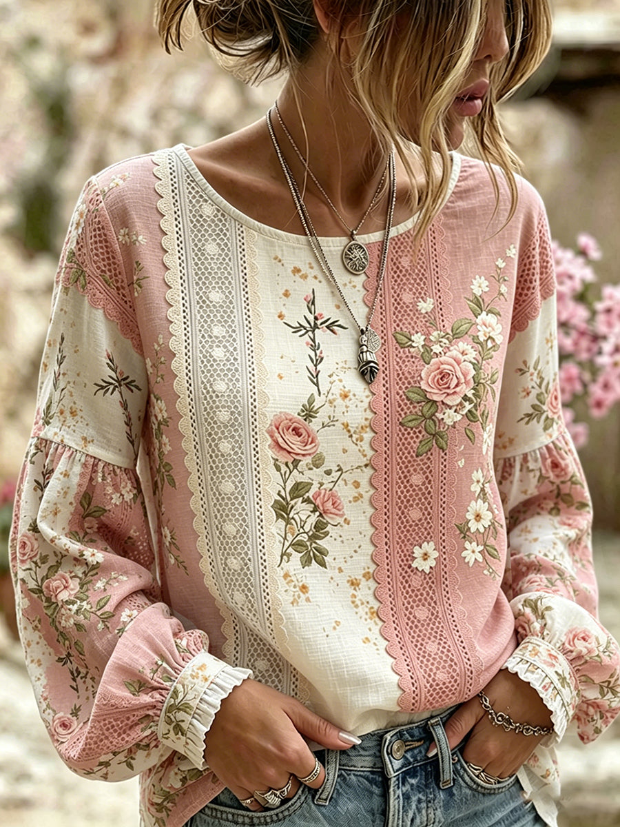 Casual katoenen-linnen top voor dames, vintage bloemenprint