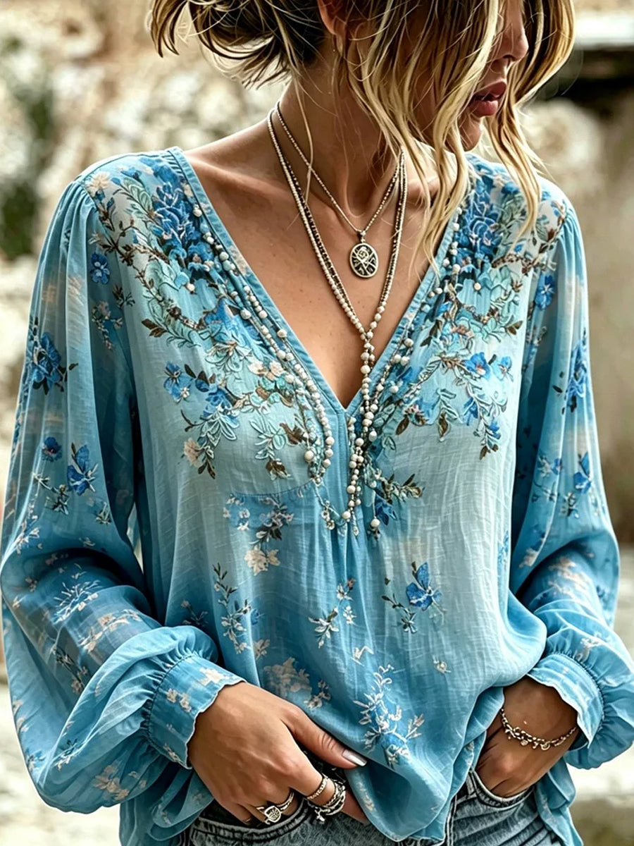 Casual katoen-linnen top voor dames, vintage bloemenprint