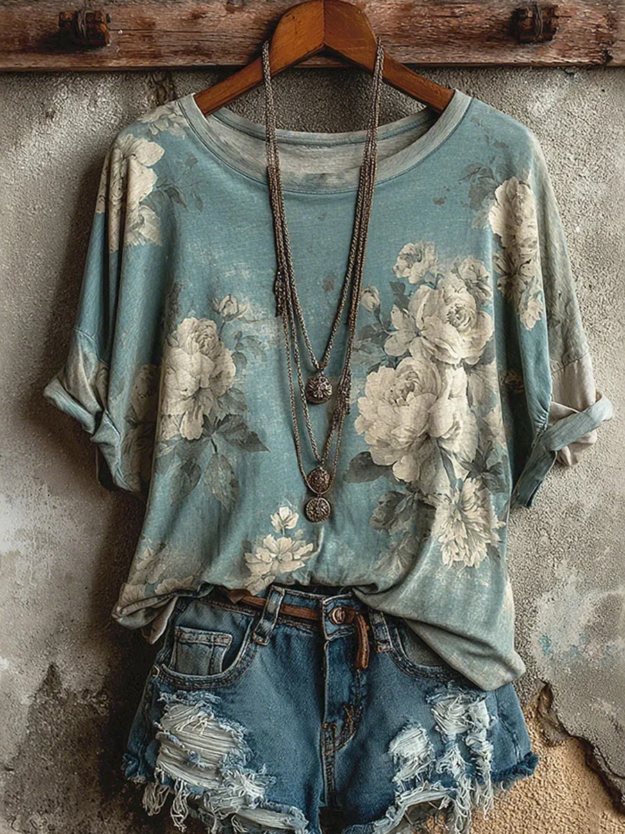 Comfortabele T-shirt voor vrouwen, vintage stijl, artistieke bloemenprint