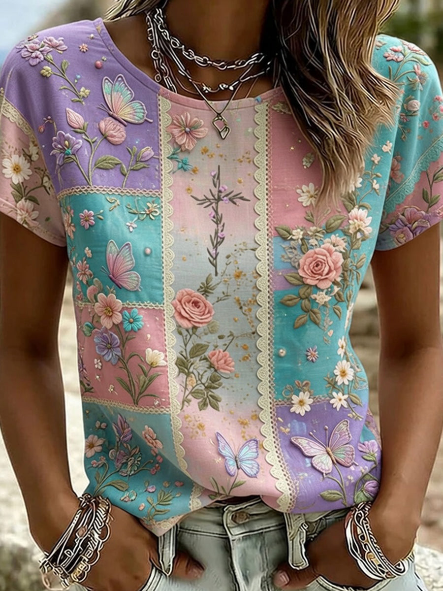 Vintage Bloem Broderie Kunst Print Comfort T-Shirt voor Dames