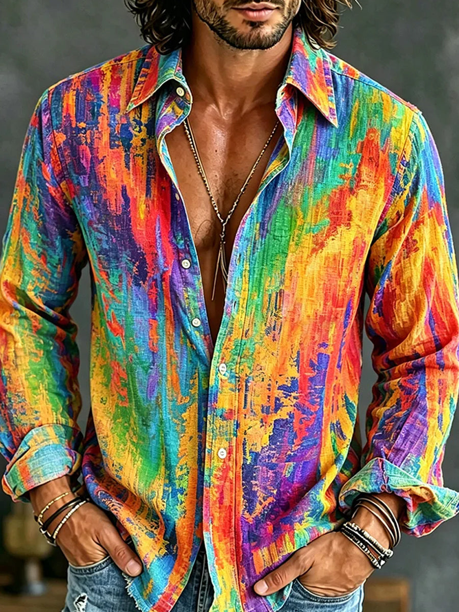 Casual overhemd van katoen-linnen met retro abstracte kunstprint