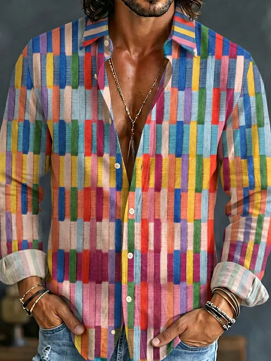 Casual overhemd van katoen-linnen met retro abstracte kunstafdruk