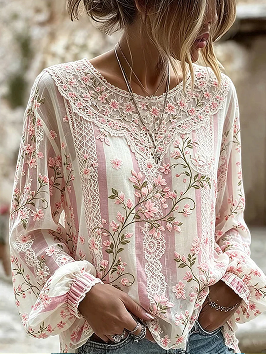 Casual katoen-linnen top voor dames, vintage bloemenprint
