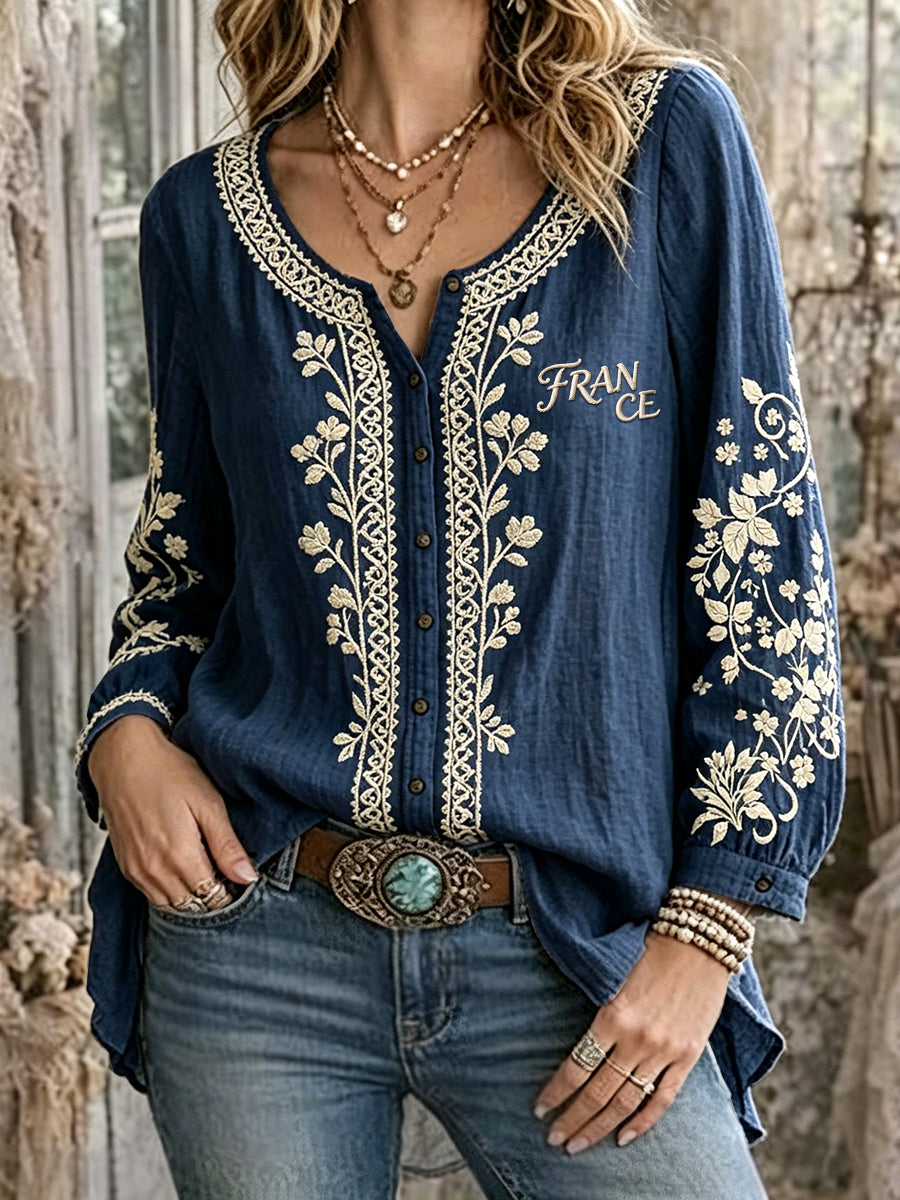 Casual overhemd voor dames, marineblauw, Franse stijl, bloemenprint, van katoen-linnen, met lange mouwen