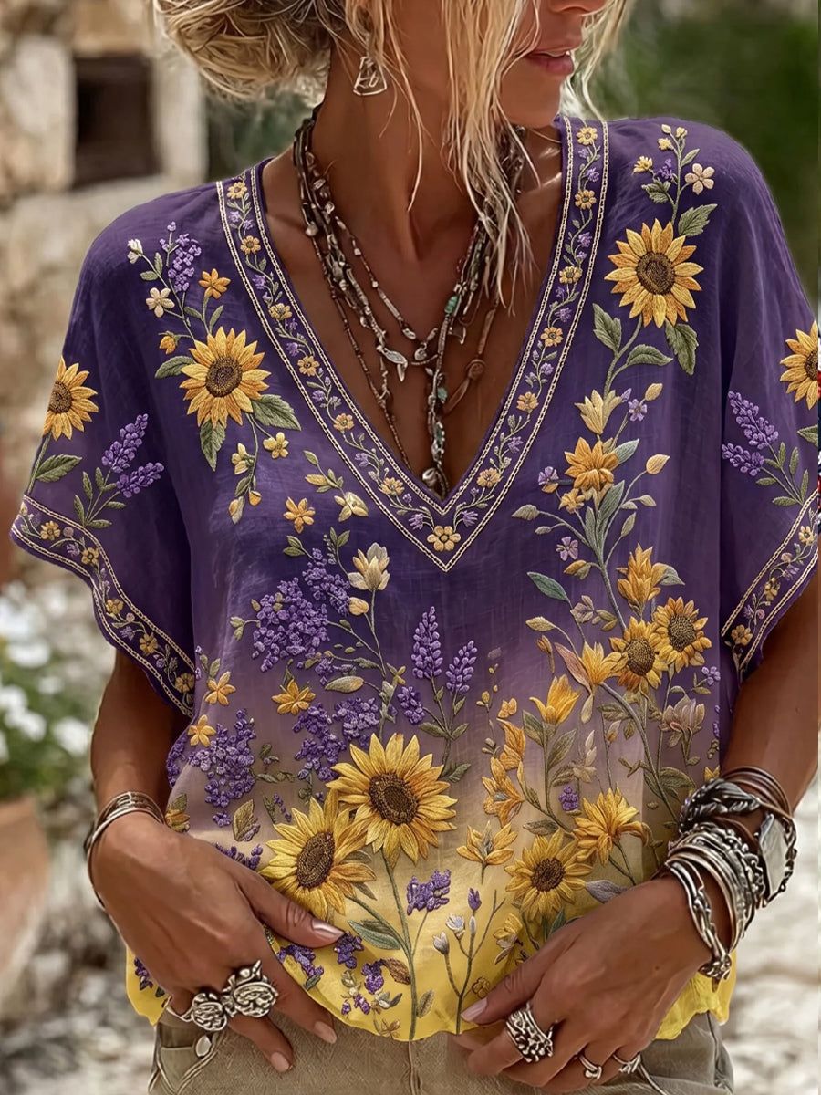 Casual katoen-linnen top voor dames, vintage stijl met artistieke bloemenprint