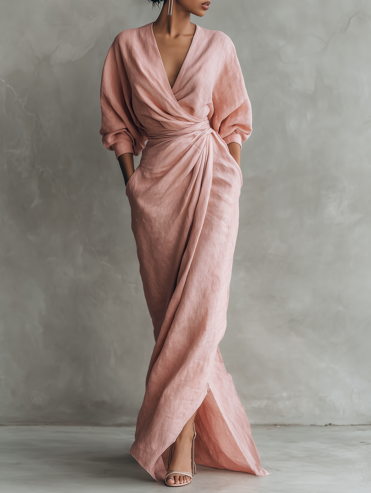 Rosa Linnen Maxi Jurk V-Hals