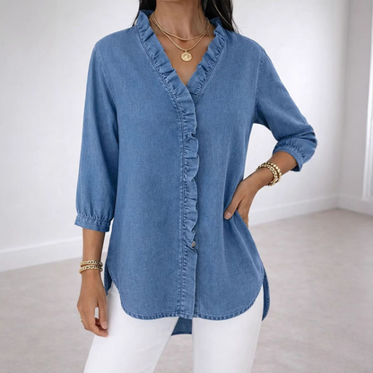 Van Delft Mode® | Casual damesblouse met ruches en V-hals
