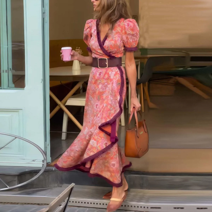 Van Delft Mode® | Elegante Roze Maxi Dress met Korte Mouwen
