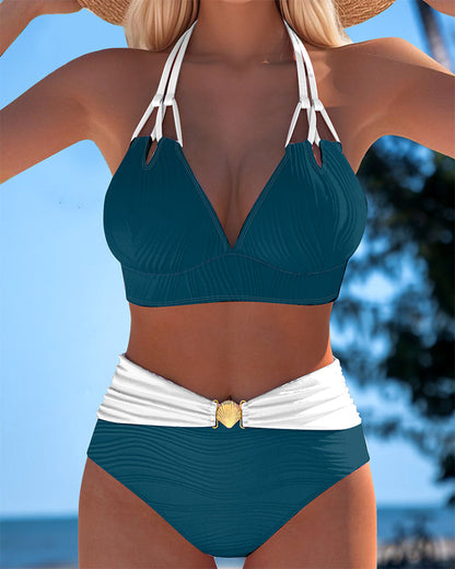 Dubbele Band Hoge Taille Contrast Kleur Badpak