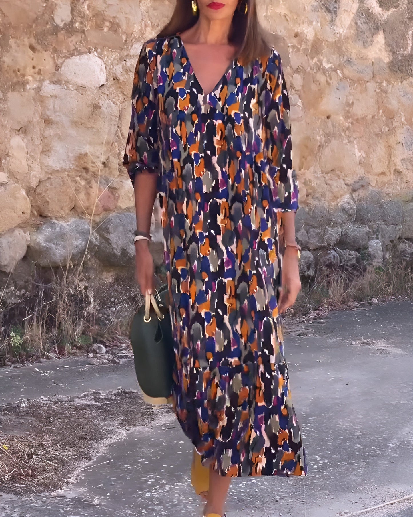 Van Delft Mode® | V-hals jurk met retroprint