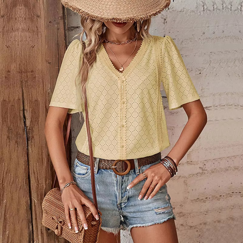 Van Delft Mode® | KORTE MOUW BLOUSE MET V-HALS