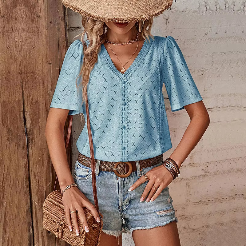 Van Delft Mode® | KORTE MOUW BLOUSE MET V-HALS