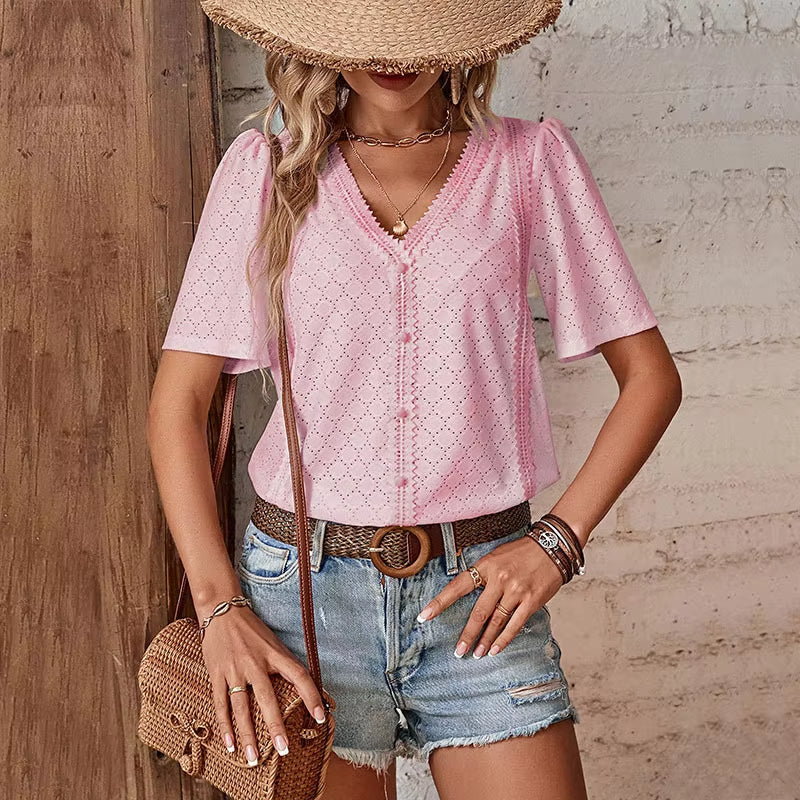 Van Delft Mode® | KORTE MOUW BLOUSE MET V-HALS