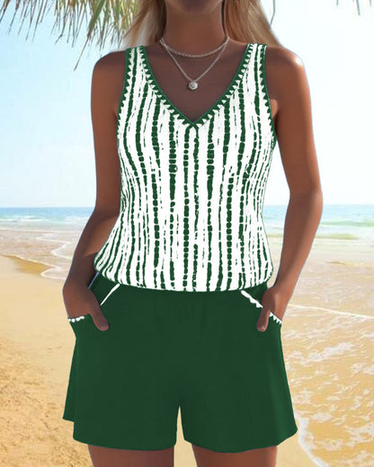 Casual Pocket V-Hals Gedrukt Twee-Delig Badpak