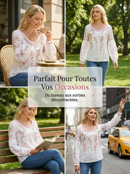 Casual damesblouse, vintage stijl, van katoen en linnen, met bloemenborduurwerk en gedrukte patchwork