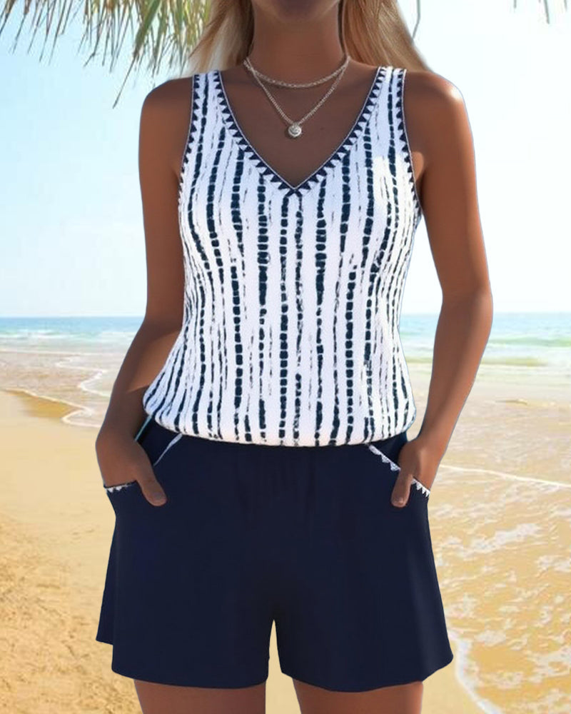 Casual Pocket V-Hals Gedrukt Twee-Delig Badpak