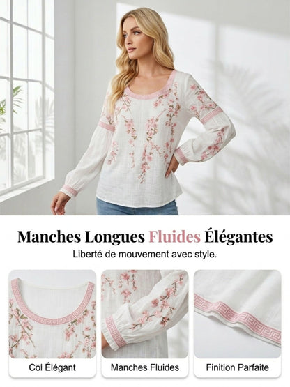 Casual damesblouse, vintage stijl, van katoen en linnen, met bloemenborduurwerk en gedrukte patchwork