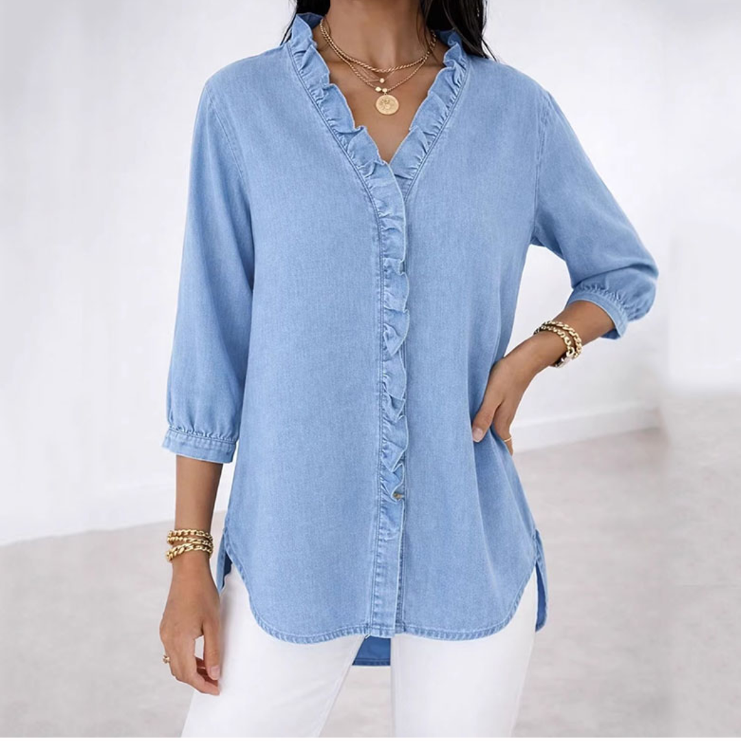 Van Delft Mode® | Casual damesblouse met ruches en V-hals