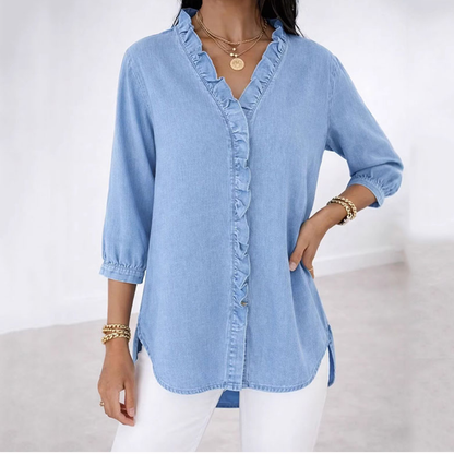 Van Delft Mode® | Casual damesblouse met ruches en V-hals