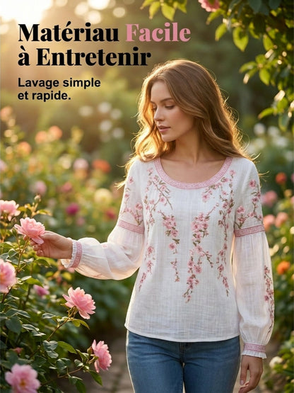 Casual damesblouse, vintage stijl, van katoen en linnen, met bloemenborduurwerk en gedrukte patchwork