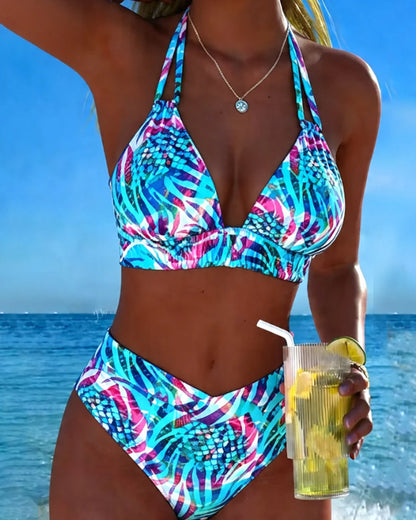 Geprinte Halter Nek Twee-Piece Bikini