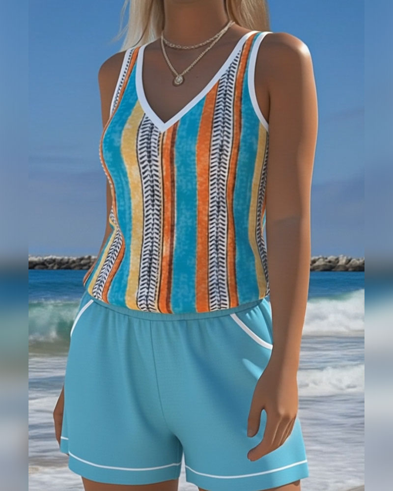 V-hals Geprinte Tankini Zwemkleding