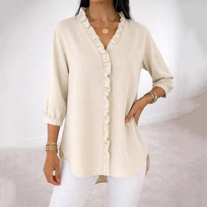 Van Delft Mode® | Casual damesblouse met ruches en V-hals