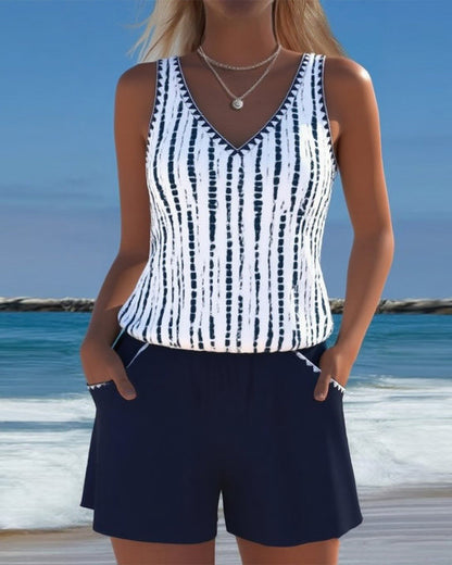 Casual Pocket V-Hals Gedrukt Twee-Delig Badpak