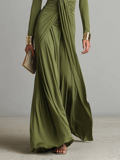 Olijfgroen Zijde Maxi Jurk V-Hals