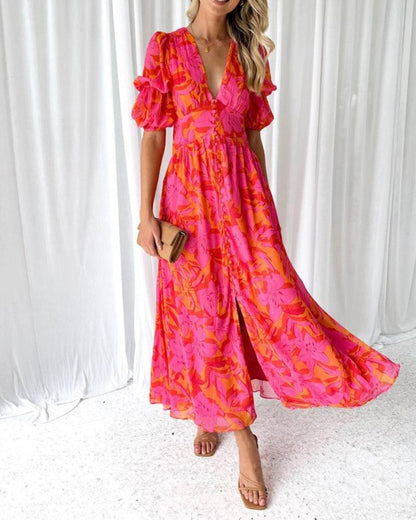 Van Delft Mode® | Elegante V-hals Maxi jurk met pofmouwen