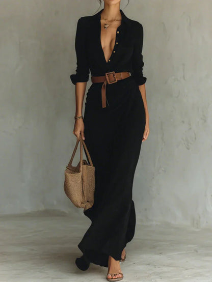 Camille™ | Maxi jurk met revers en ceintuur in de taille